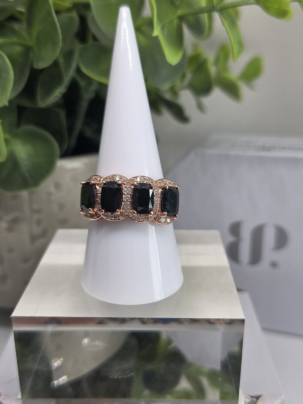 BP Rose Gold Band with Black Onyx Gemstone and Halo Accents